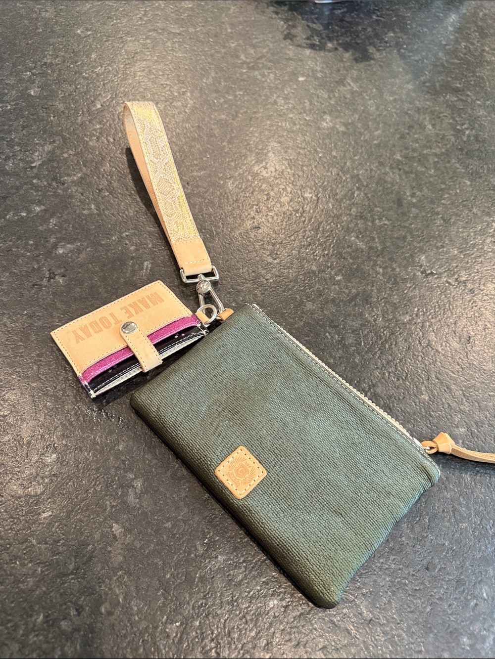 Consuela Olive Green Canvas Wristlet with Tan Leather Strap